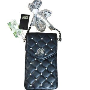 Badley Mischa Black Quilted Crossbody Bag Studio Pearl Accent Silver Chain Strap